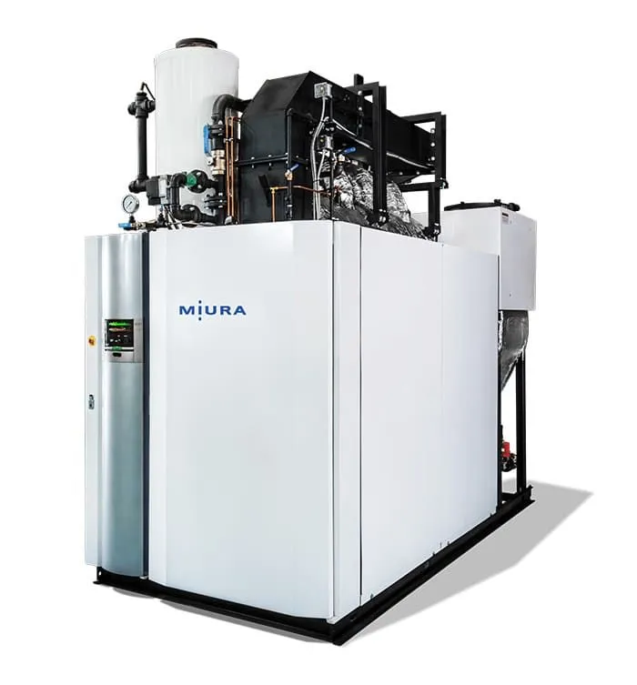 A Miura industrial steam boiler unit with a white metal enclosure and top-mounted mechanical components.